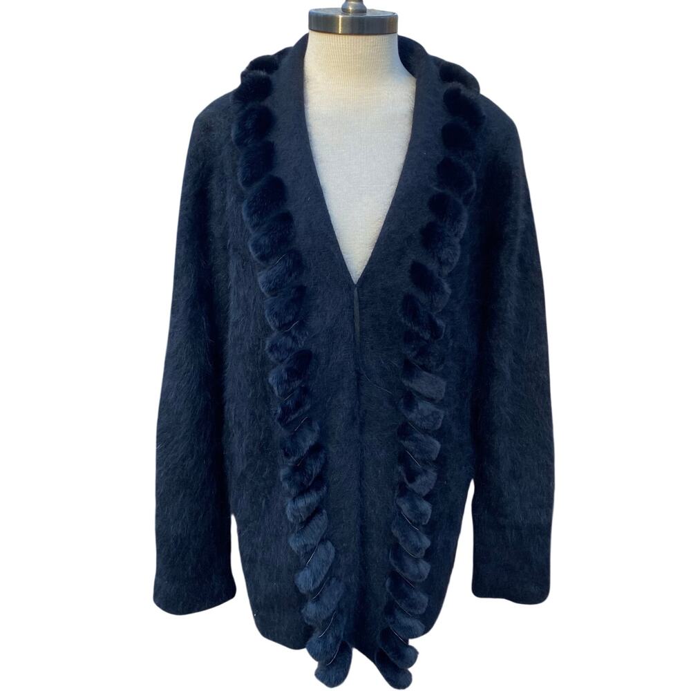 Vintage y2K Angora Rabbit Fur Blend Black Cardigan Women’s Size XL